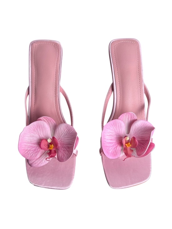 Shoes - Pink Satin Flower Heels Square Toe Mule Sandals Size 40